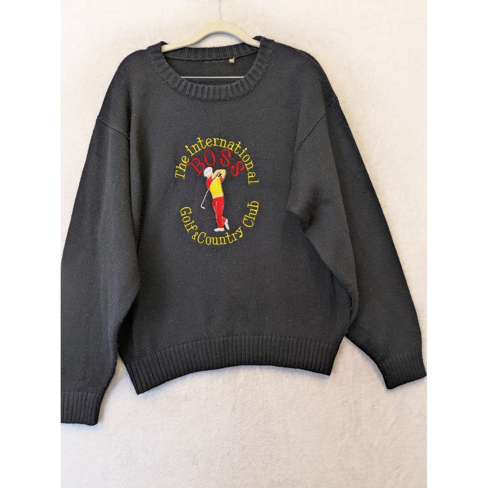 Hugo Boss Sweater Men's L Black Vintage Golf Country Club Graphic Pullover‎